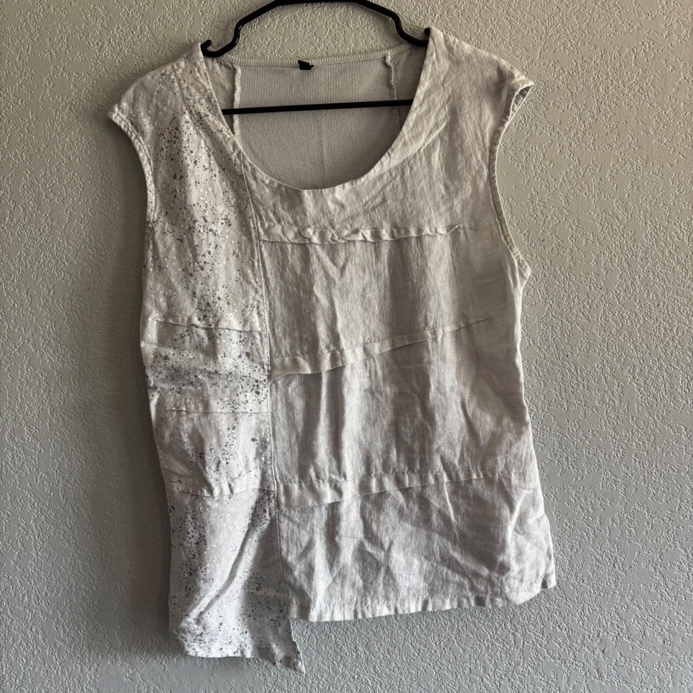 Inizio Top Large Italy Linen Blend Splatter Print Tiered Lagenlook Grey Artsy
